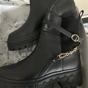 Karl Lagerfeld Black Moto Boots with Gold Chain
